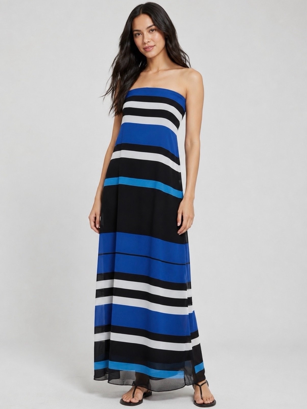 Vintage Cache Strapless Maxi Dress in Blue, Black & White Stripes